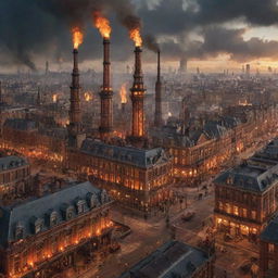 A Firepunk-style cityscape, fueled and illuminated by fire technologies, featuring victorian-style buildings with flaming chimneys, streets lit with torch holders, and fire-engines bustling across