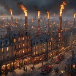 A Firepunk-style cityscape, fueled and illuminated by fire technologies, featuring victorian-style buildings with flaming chimneys, streets lit with torch holders, and fire-engines bustling across