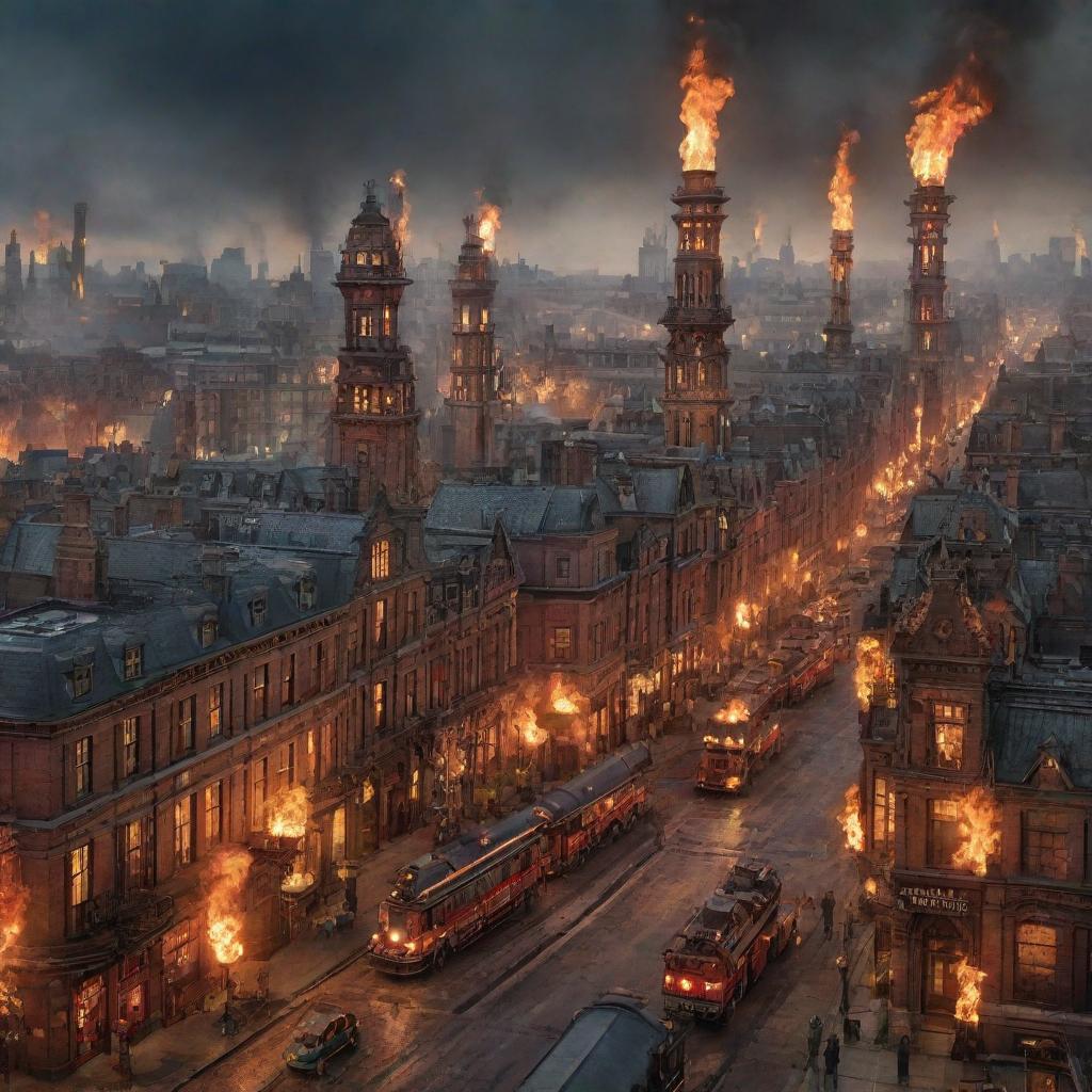 A Firepunk-style cityscape, fueled and illuminated by fire technologies, featuring victorian-style buildings with flaming chimneys, streets lit with torch holders, and fire-engines bustling across