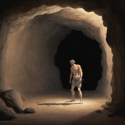 A realistically depicted cartoon-style frame from 380 BC showing a chained man inside an ancient cave, observing a shadow of an object and mistaking it for reality.