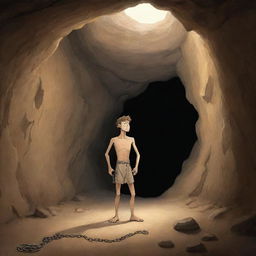 A realistically depicted cartoon-style frame from 380 BC showing a chained man inside an ancient cave, observing a shadow of an object and mistaking it for reality.