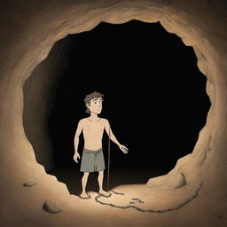 A realistically depicted cartoon-style frame from 380 BC showing a chained man inside an ancient cave, observing a shadow of an object and mistaking it for reality.