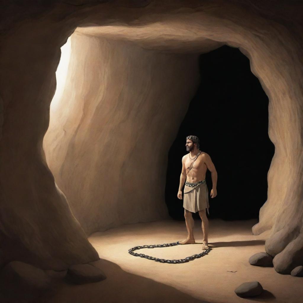 A realistically depicted cartoon-style frame from 380 BC showing a chained man inside an ancient cave, observing a shadow of an object and mistaking it for reality.