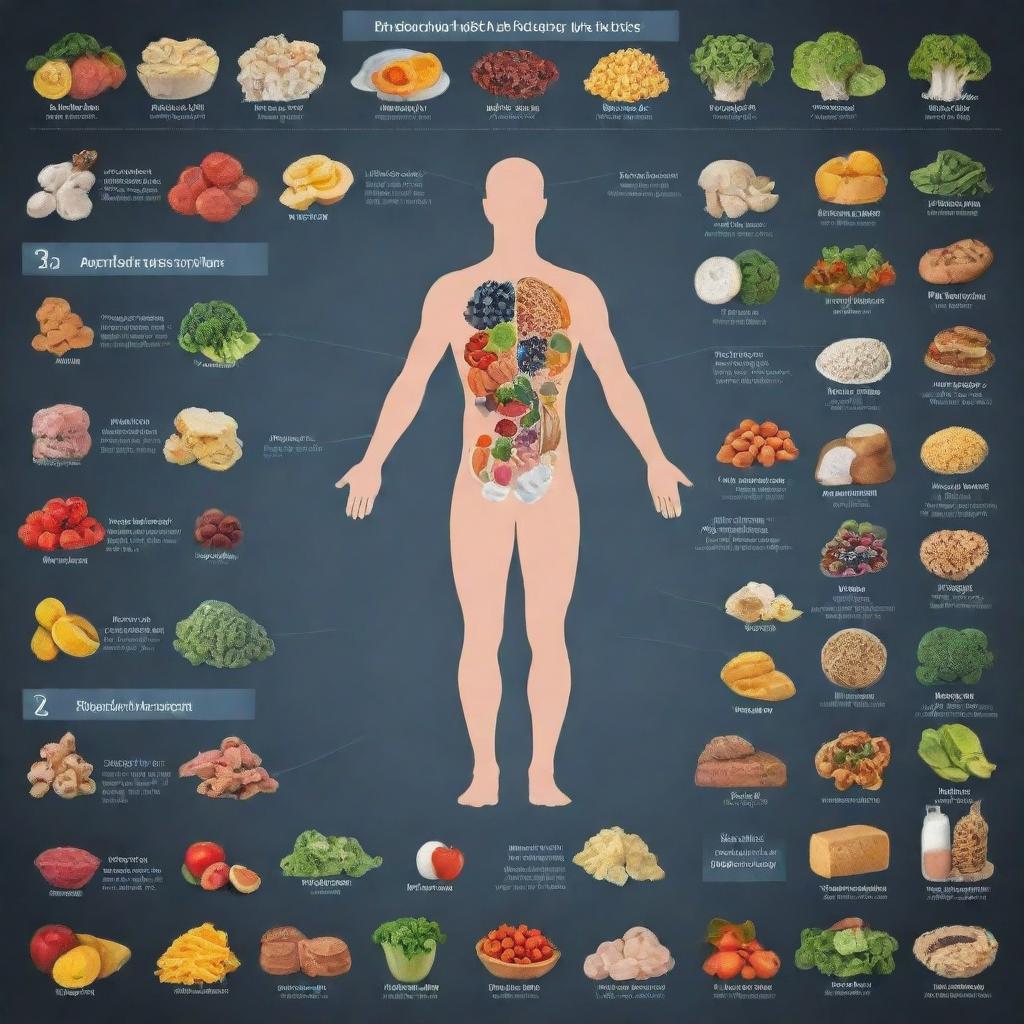 Create an infographic detailing the essential nutrients our body needs, including visuals of vitamins, proteins, carbohydrates, and fats, along with their roles in human health.