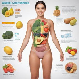 Create an infographic detailing the essential nutrients our body needs, including visuals of vitamins, proteins, carbohydrates, and fats, along with their roles in human health.