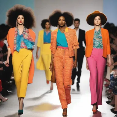 The runway show featured models strutting to the lively music of a jazz band in colorful, retro-inspired outfits.