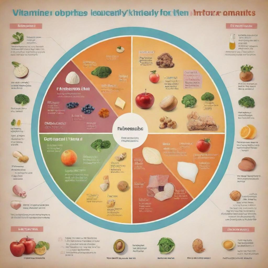 Create an infographic detailing the essential nutrients our body needs, including visuals of vitamins, proteins, carbohydrates, and fats, along with their roles in human health.