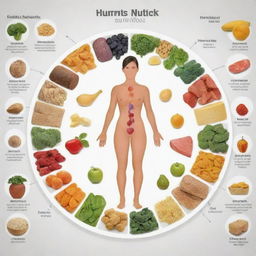 Create an infographic detailing the essential nutrients our body needs, including visuals of vitamins, proteins, carbohydrates, and fats, along with their roles in human health.