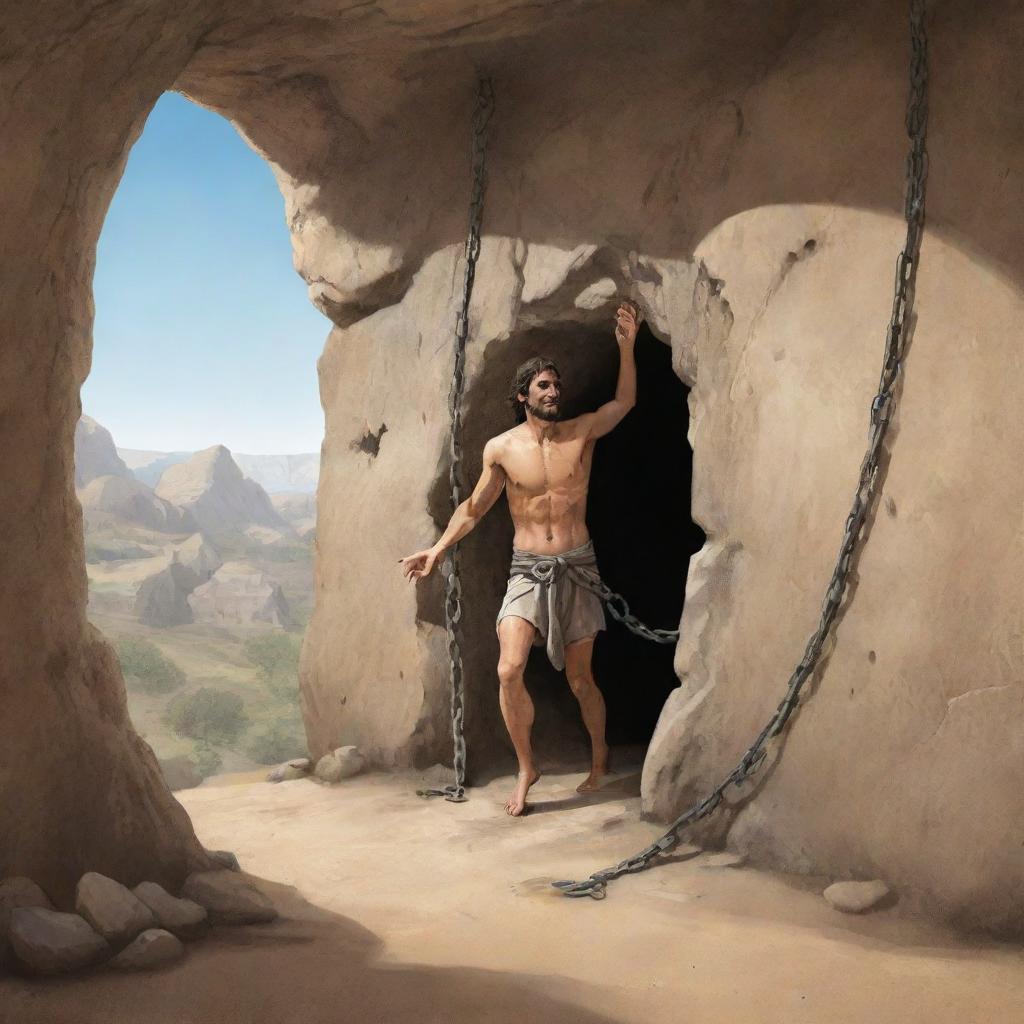 A realistically designed cartoon-style scene from 380 BC: A man freeing himself from chains, looking determinedly towards the entrance of the ancient cave.