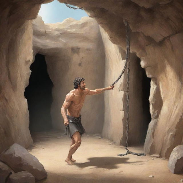 A realistically designed cartoon-style scene from 380 BC: A man freeing himself from chains, looking determinedly towards the entrance of the ancient cave.