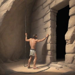 A realistically designed cartoon-style scene from 380 BC: A man freeing himself from chains, looking determinedly towards the entrance of the ancient cave.