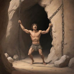 A realistically designed cartoon-style scene from 380 BC: A man freeing himself from chains, looking determinedly towards the entrance of the ancient cave.