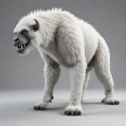 Generate an image of a quadrupedal monster with white fur. It has large lower tusks and is 2.84 meters tall and 2.28 meters long.