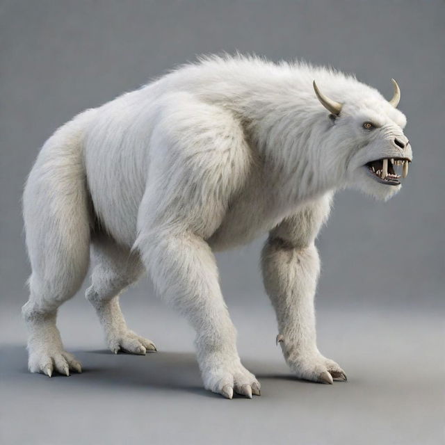 Generate an image of a quadrupedal monster with white fur. It has large lower tusks and is 2.84 meters tall and 2.28 meters long.