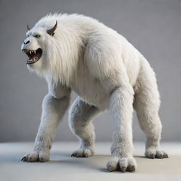 Generate an image of a quadrupedal monster with white fur. It has large lower tusks and is 2.84 meters tall and 2.28 meters long.