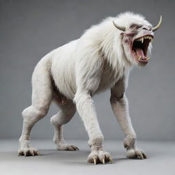 Generate an image of a quadrupedal monster with white fur. It has large lower tusks and is 2.84 meters tall and 2.28 meters long.