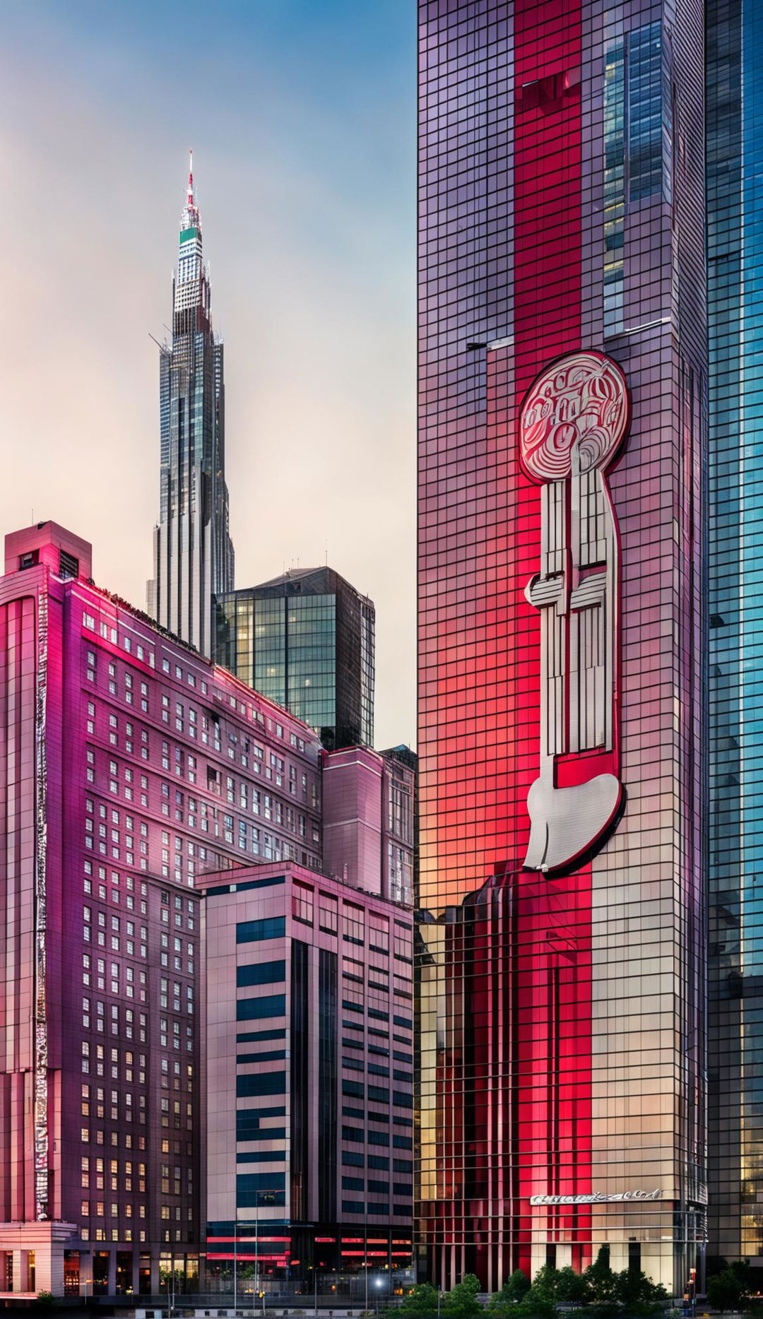 High-definition architectural photography featuring Coca-Cola inspired buildings with unique designs, intricate details, and contrasting lighting.