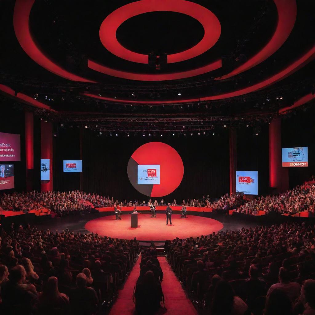 Vibrant, inspiring TEDx stage with a vivid background, the iconic round red carpet stage, and a bustling, attentive audience. The atmosphere is filled with anticipation.