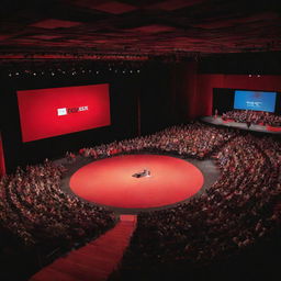 Vibrant, inspiring TEDx stage with a vivid background, the iconic round red carpet stage, and a bustling, attentive audience. The atmosphere is filled with anticipation.