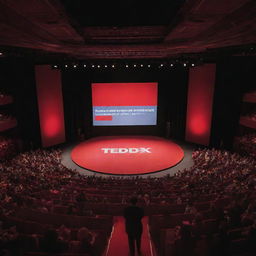 Vibrant, inspiring TEDx stage with a vivid background, the iconic round red carpet stage, and a bustling, attentive audience. The atmosphere is filled with anticipation.