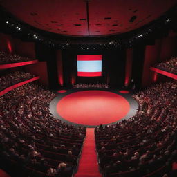 Vibrant, inspiring TEDx stage with a vivid background, the iconic round red carpet stage, and a bustling, attentive audience. The atmosphere is filled with anticipation.