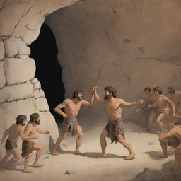 A realistically designed cartoon-style scene from 380 BC: The man who freed himself returning to the ancient cave trying to liberate the others.