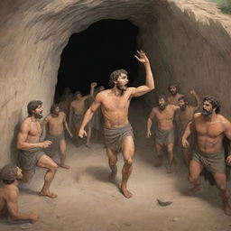 A realistically designed cartoon-style scene from 380 BC: The man who freed himself returning to the ancient cave trying to liberate the others.