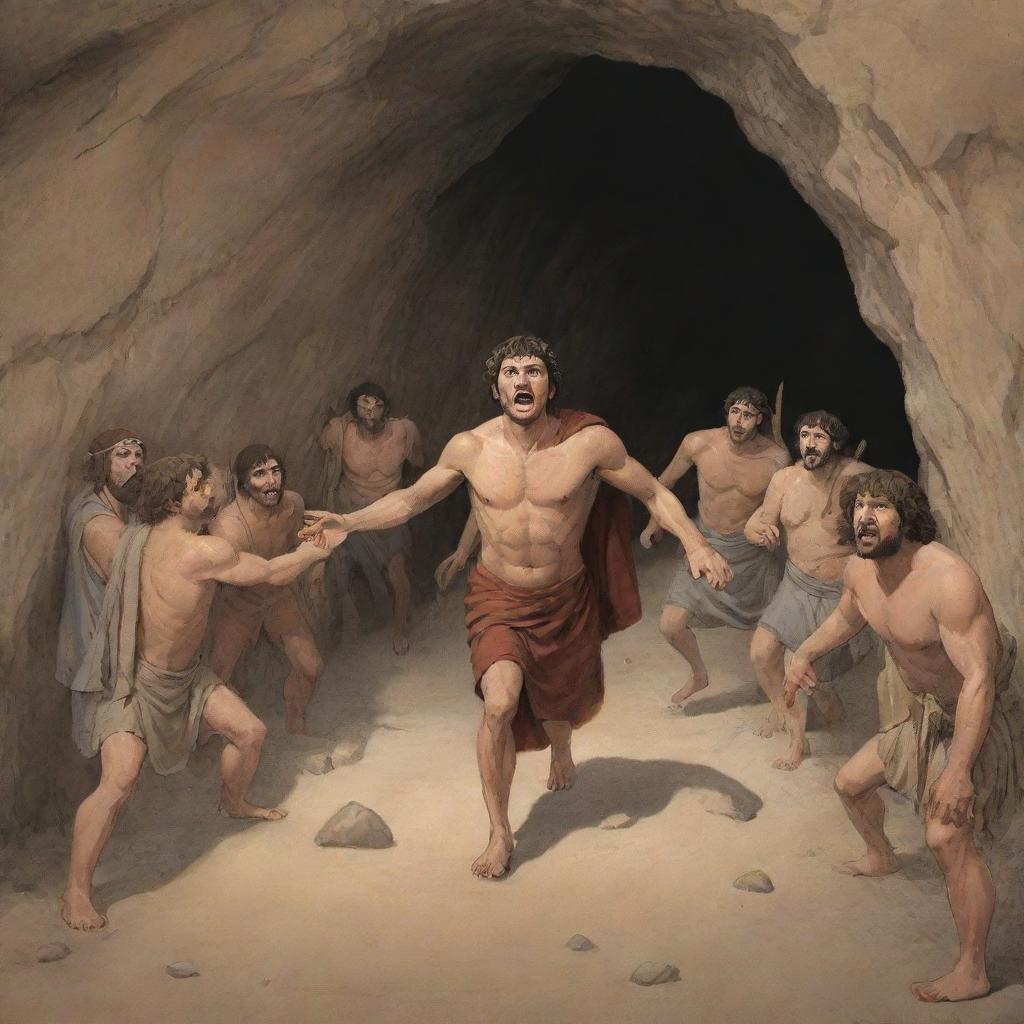 A realistically designed cartoon-style scene from 380 BC: The man who freed himself returning to the ancient cave trying to liberate the others.