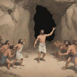 A realistically designed cartoon-style scene from 380 BC: The man who freed himself returning to the ancient cave trying to liberate the others.