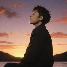 Megumi Fushiguro from Jujutsu Kaisen sitting peacefully, enjoying a breathtaking sunset, with the golden sky and warm hues reflecting in his eyes.