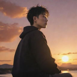 Megumi Fushiguro from Jujutsu Kaisen sitting peacefully, enjoying a breathtaking sunset, with the golden sky and warm hues reflecting in his eyes.