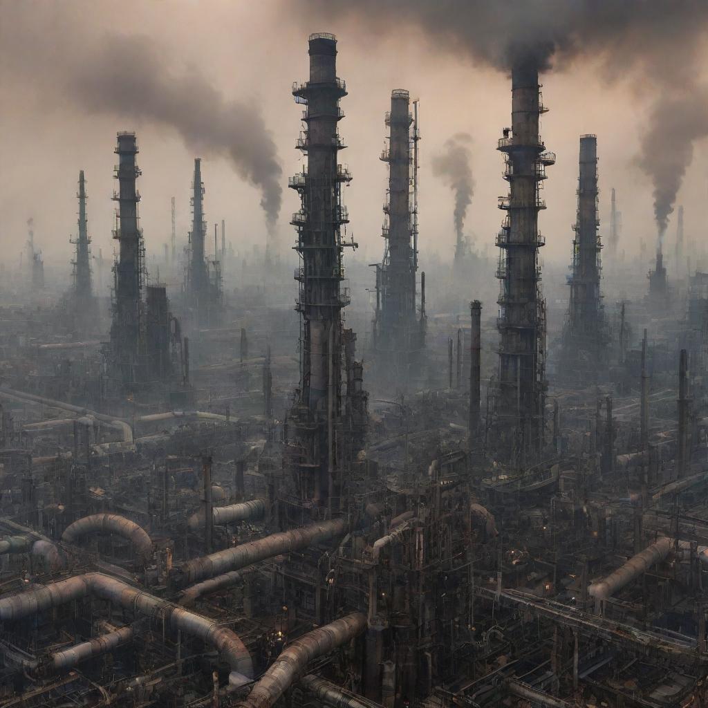 An Oilpunk-style cityscape, powered by oil and grime, with sprawling refineries, towering derricks, oil pipelines snaking through the streets, and the city enveloped in a smoky haze