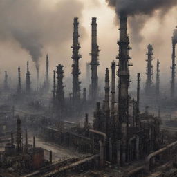 An Oilpunk-style cityscape, powered by oil and grime, with sprawling refineries, towering derricks, oil pipelines snaking through the streets, and the city enveloped in a smoky haze