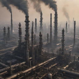 An Oilpunk-style cityscape, powered by oil and grime, with sprawling refineries, towering derricks, oil pipelines snaking through the streets, and the city enveloped in a smoky haze