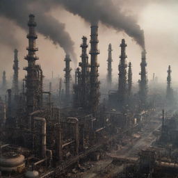 An Oilpunk-style cityscape, powered by oil and grime, with sprawling refineries, towering derricks, oil pipelines snaking through the streets, and the city enveloped in a smoky haze