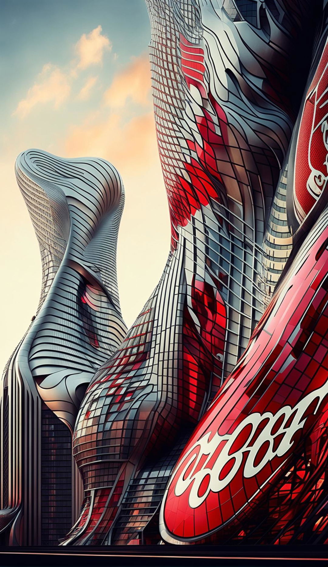 High-definition architectural photography of a futuristic cityscape with parametric, Coca-Cola inspired buildings featuring unique designs, intricate details, and contrasting lighting.