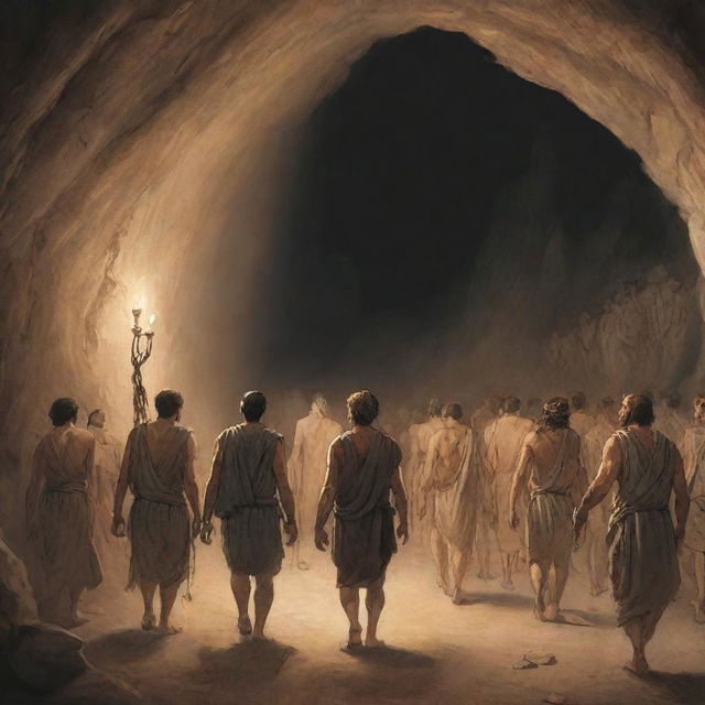 A realistically portrayed cartoon-style scene from 380 BC: The freed men return to the ancient cave, guiding the remaining chained individuals towards the light.