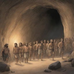 A realistically portrayed cartoon-style scene from 380 BC: The freed men return to the ancient cave, guiding the remaining chained individuals towards the light.