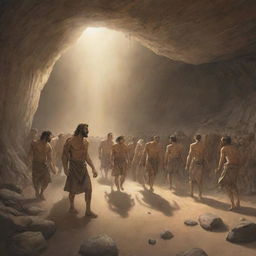 A realistically portrayed cartoon-style scene from 380 BC: The freed men return to the ancient cave, guiding the remaining chained individuals towards the light.