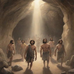 A realistically portrayed cartoon-style scene from 380 BC: The freed men return to the ancient cave, guiding the remaining chained individuals towards the light.