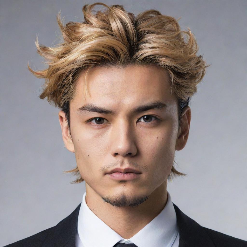 Visualize Sanzu Haruchiyo from Tokyo Revengers. He is depicted with his distinct hairstyle and often eccentric look, expressing a sense of unpredictable danger.