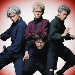 Show a dynamic group scene of the main characters from Jujutsu Kaisen, including Yuji Itadori, Megumi Fushiguro, Nobara Kugisaki, and Satoru Gojo, ready for battle in their signature outfits.