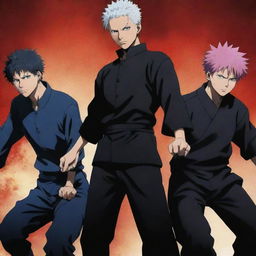 Show a dynamic group scene of the main characters from Jujutsu Kaisen, including Yuji Itadori, Megumi Fushiguro, Nobara Kugisaki, and Satoru Gojo, ready for battle in their signature outfits.