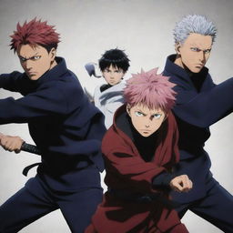 Show a dynamic group scene of the main characters from Jujutsu Kaisen, including Yuji Itadori, Megumi Fushiguro, Nobara Kugisaki, and Satoru Gojo, ready for battle in their signature outfits.