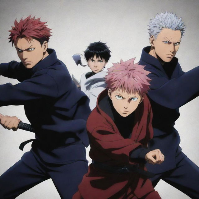 Show a dynamic group scene of the main characters from Jujutsu Kaisen, including Yuji Itadori, Megumi Fushiguro, Nobara Kugisaki, and Satoru Gojo, ready for battle in their signature outfits.