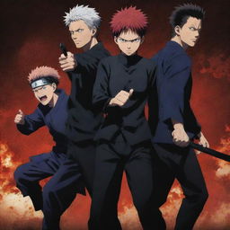 Show a dynamic group scene of the main characters from Jujutsu Kaisen, including Yuji Itadori, Megumi Fushiguro, Nobara Kugisaki, and Satoru Gojo, ready for battle in their signature outfits.