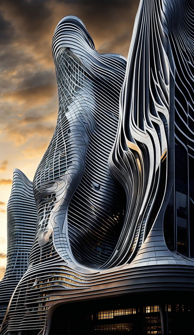 High-definition architectural photography of a futuristic cityscape with parametric, Nike inspired buildings featuring unique designs, intricate details, and contrasting lighting.