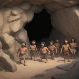 Realistically rendered cartoon-style character scene from 380 BC: A few of the previously chained individuals decidely venture out of the ancient cave.