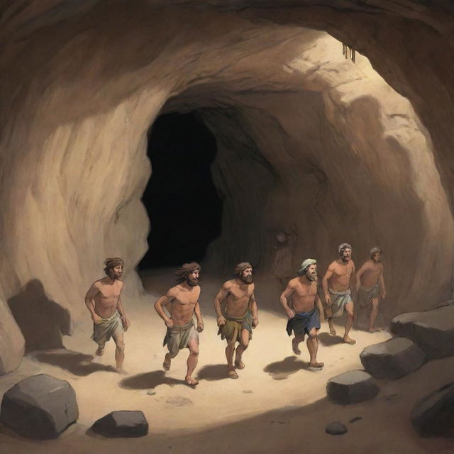 Realistically rendered cartoon-style character scene from 380 BC: A few of the previously chained individuals decidely venture out of the ancient cave.