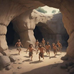 Realistically rendered cartoon-style character scene from 380 BC: A few of the previously chained individuals decidely venture out of the ancient cave.